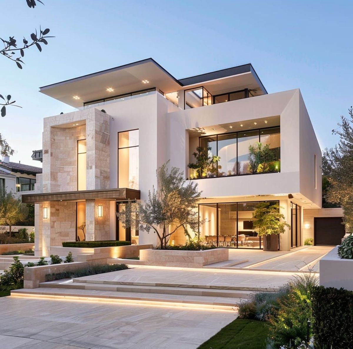 Estate home exterior at dusk in Portola Valley