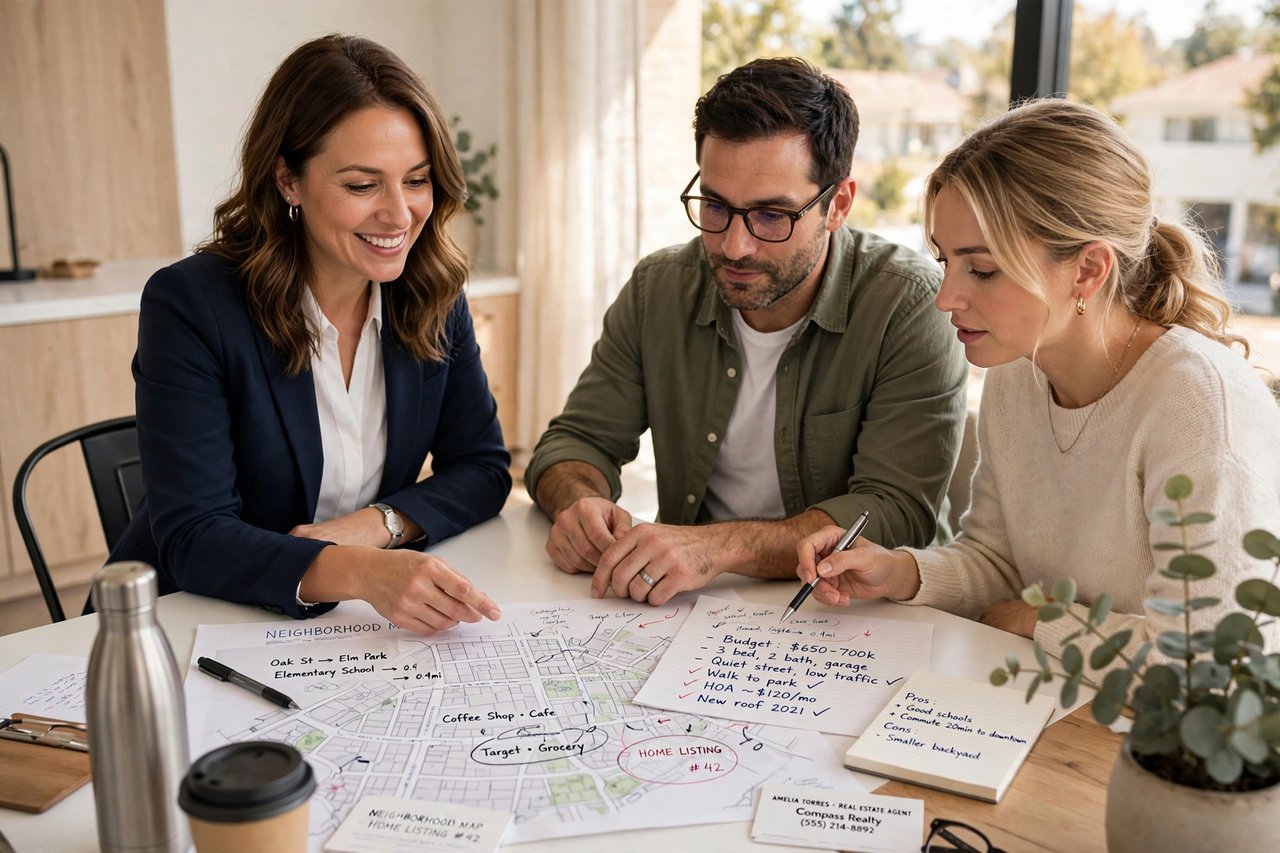 One-on-one buyer consultation with Simon Sahi, reviewing notes and neighborhoods