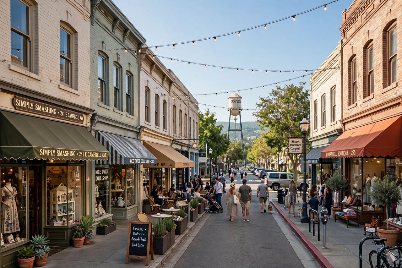 Downtown Campbell Avenue with the water tower, Campbell, California