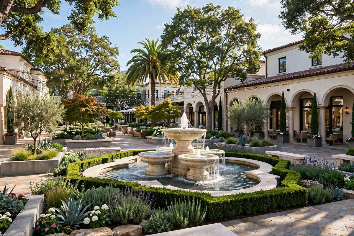 Mediterranean villa courtyard with fountain, Palo Alto