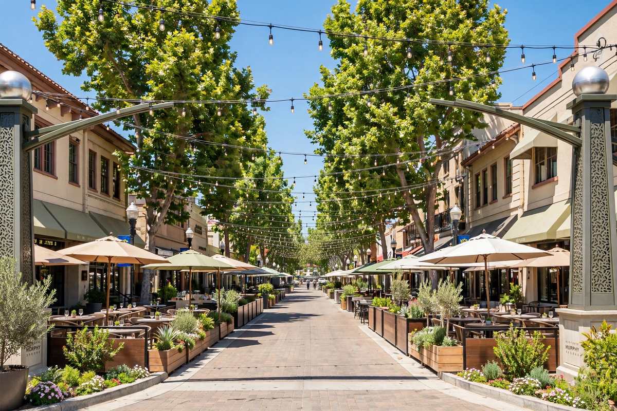 Tree-lined downtown street with outdoor dining, Sunnyvale