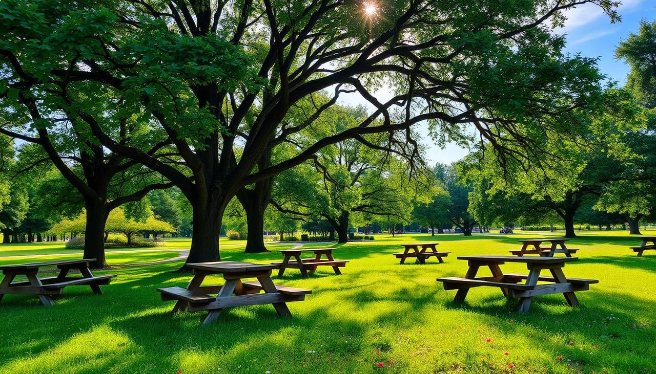 Park picnic tables on green grass in California