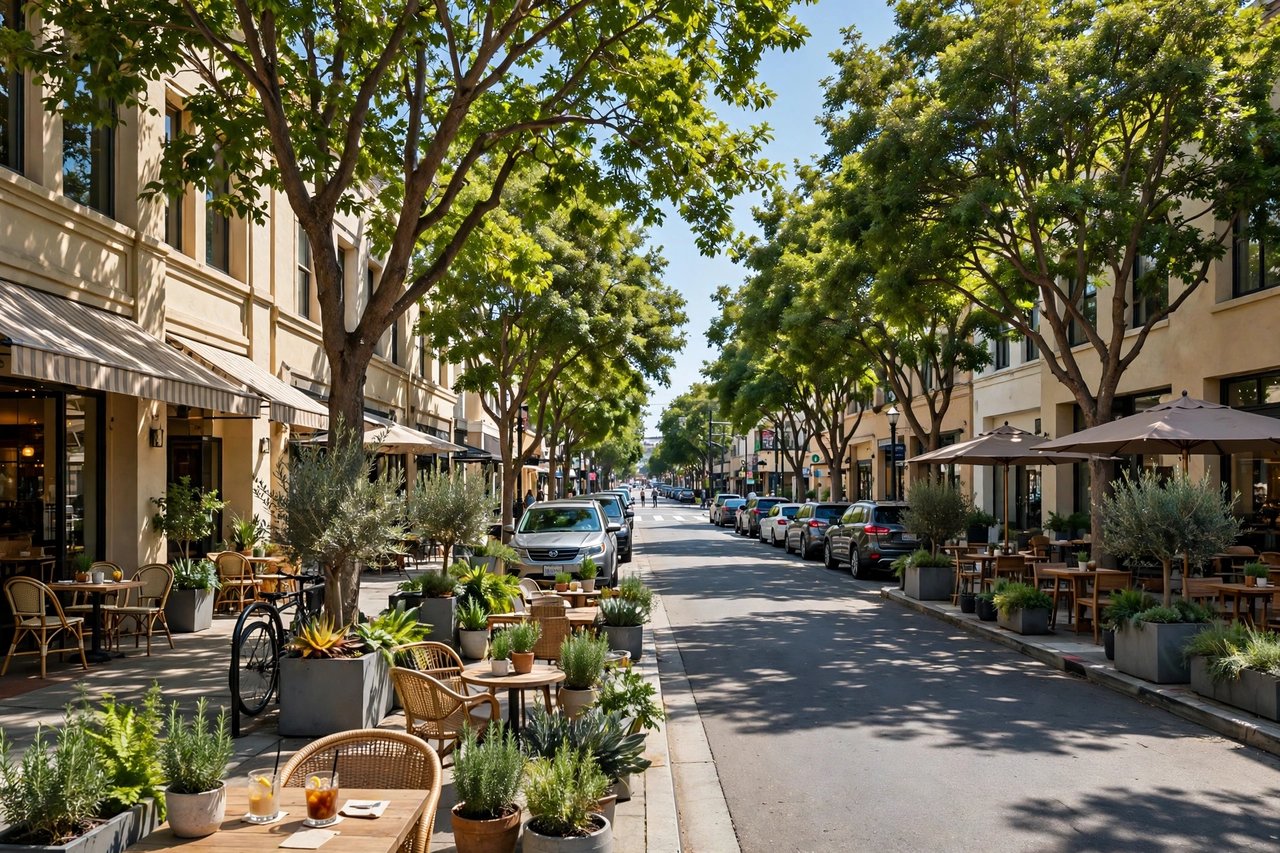 Tree-lined downtown main street with cafes, Palo Alto California