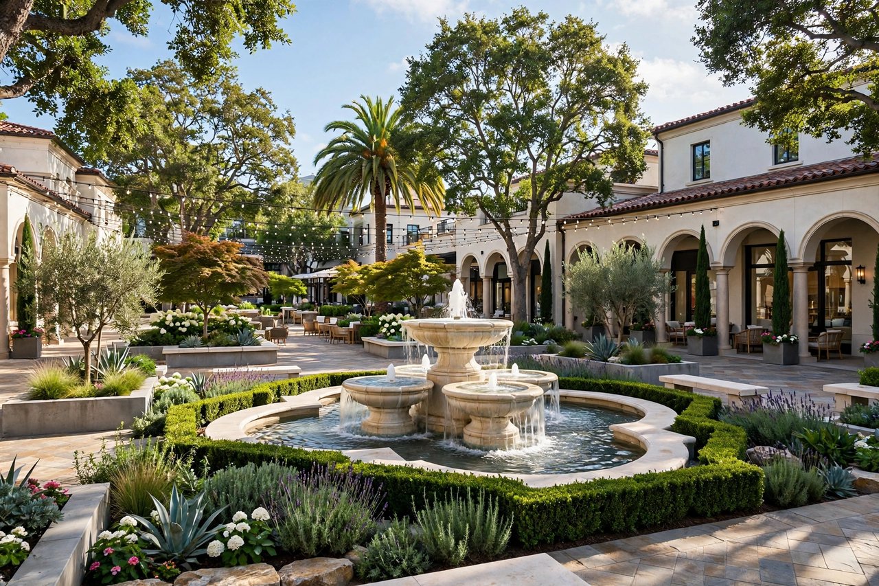 Upscale outdoor shopping plaza with fountains, Palo Alto California