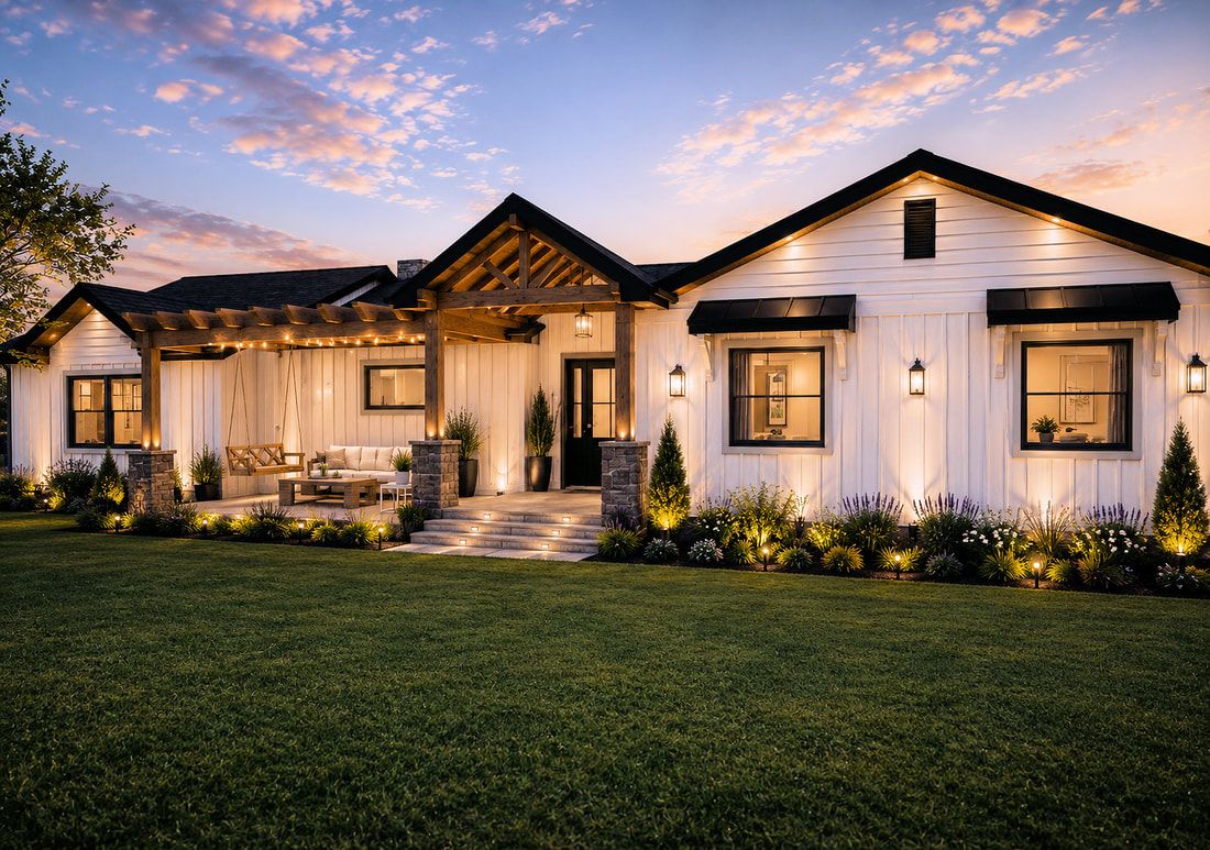 Modern farmhouse exterior at dusk in Portola Valley