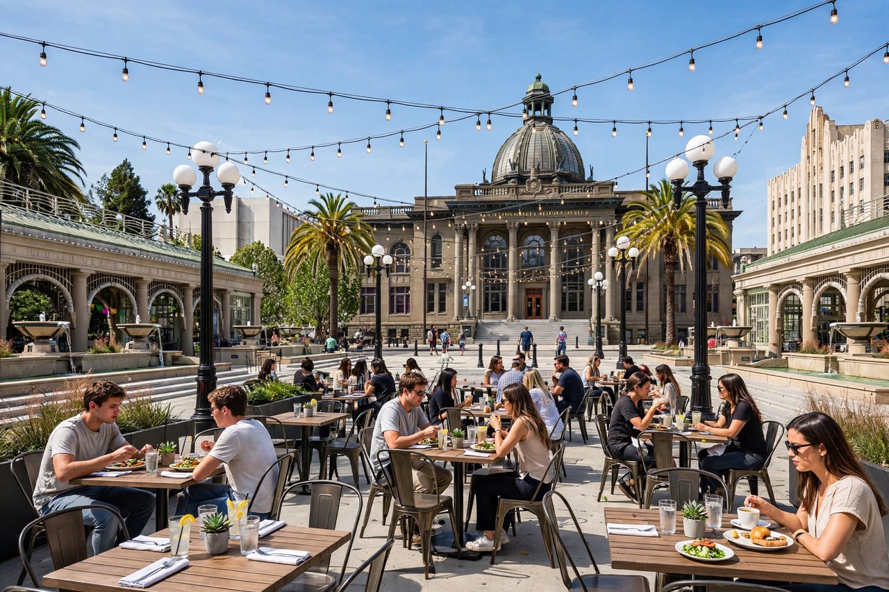 Downtown plaza with outdoor dining and string lights, Redwood City California