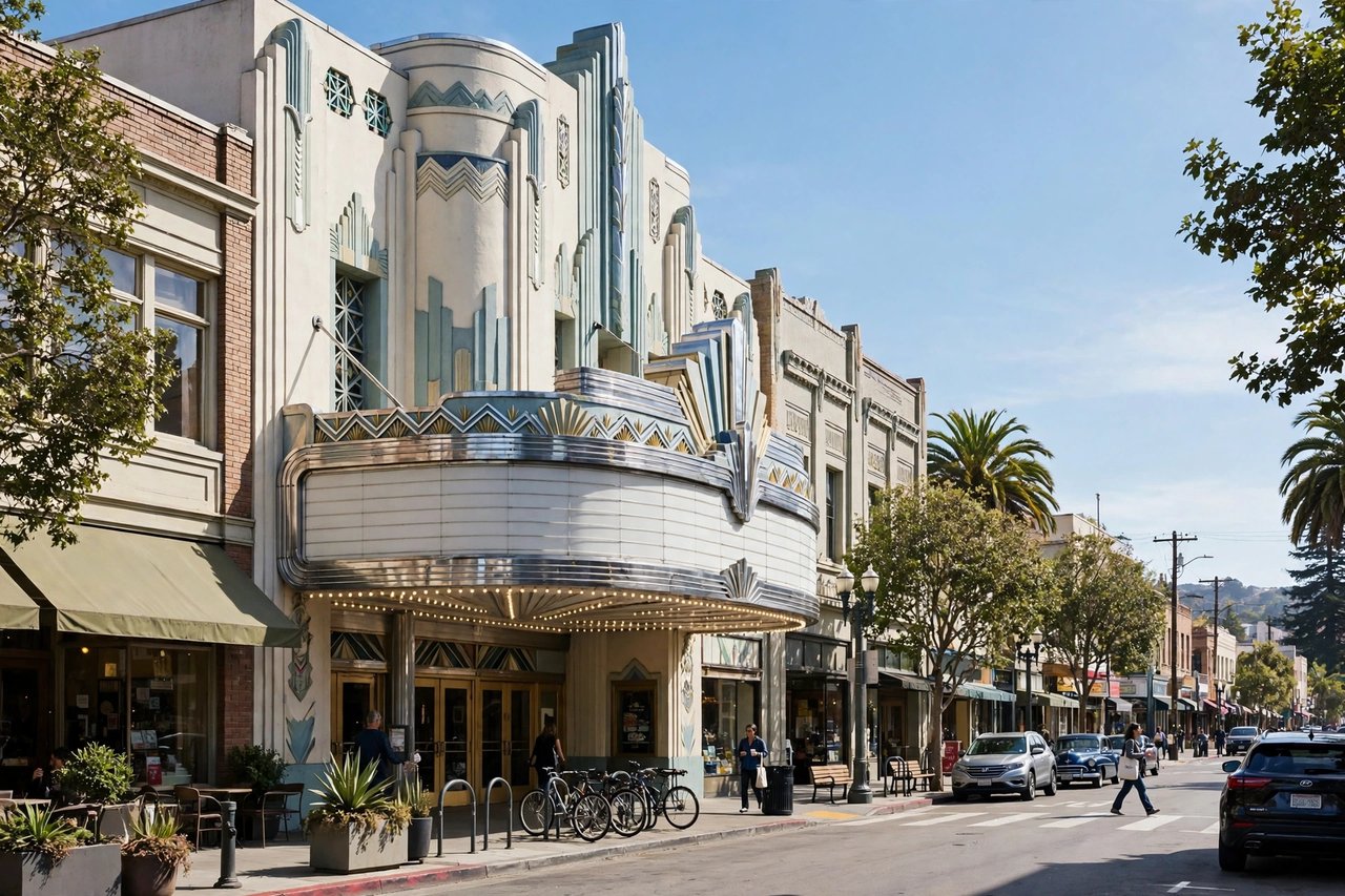 Historic theater marquee on a main street, Redwood City California