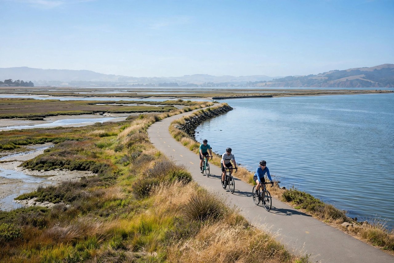 San Francisco Bay Trail waterfront with cyclists, Redwood City California
