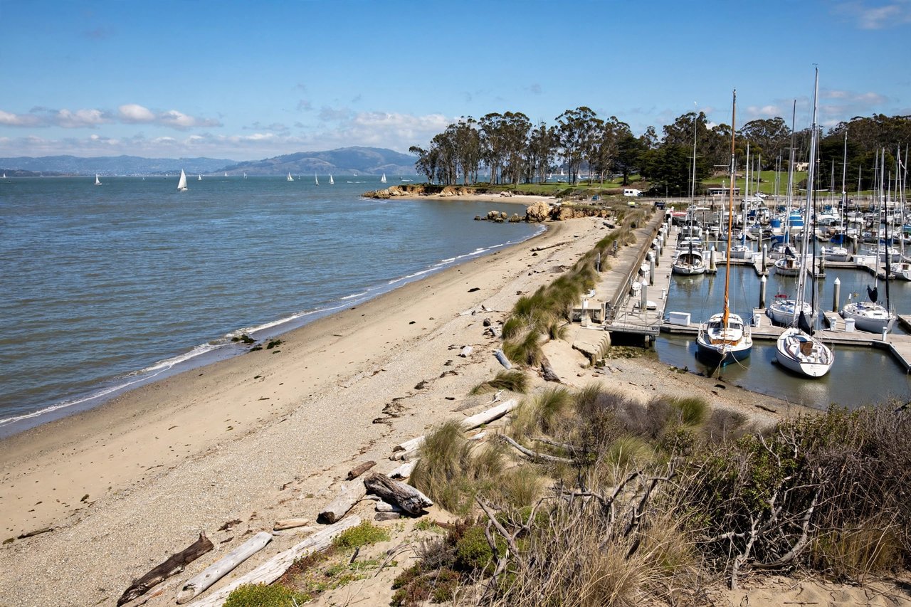 Beach and marina with sailboats, San Mateo California