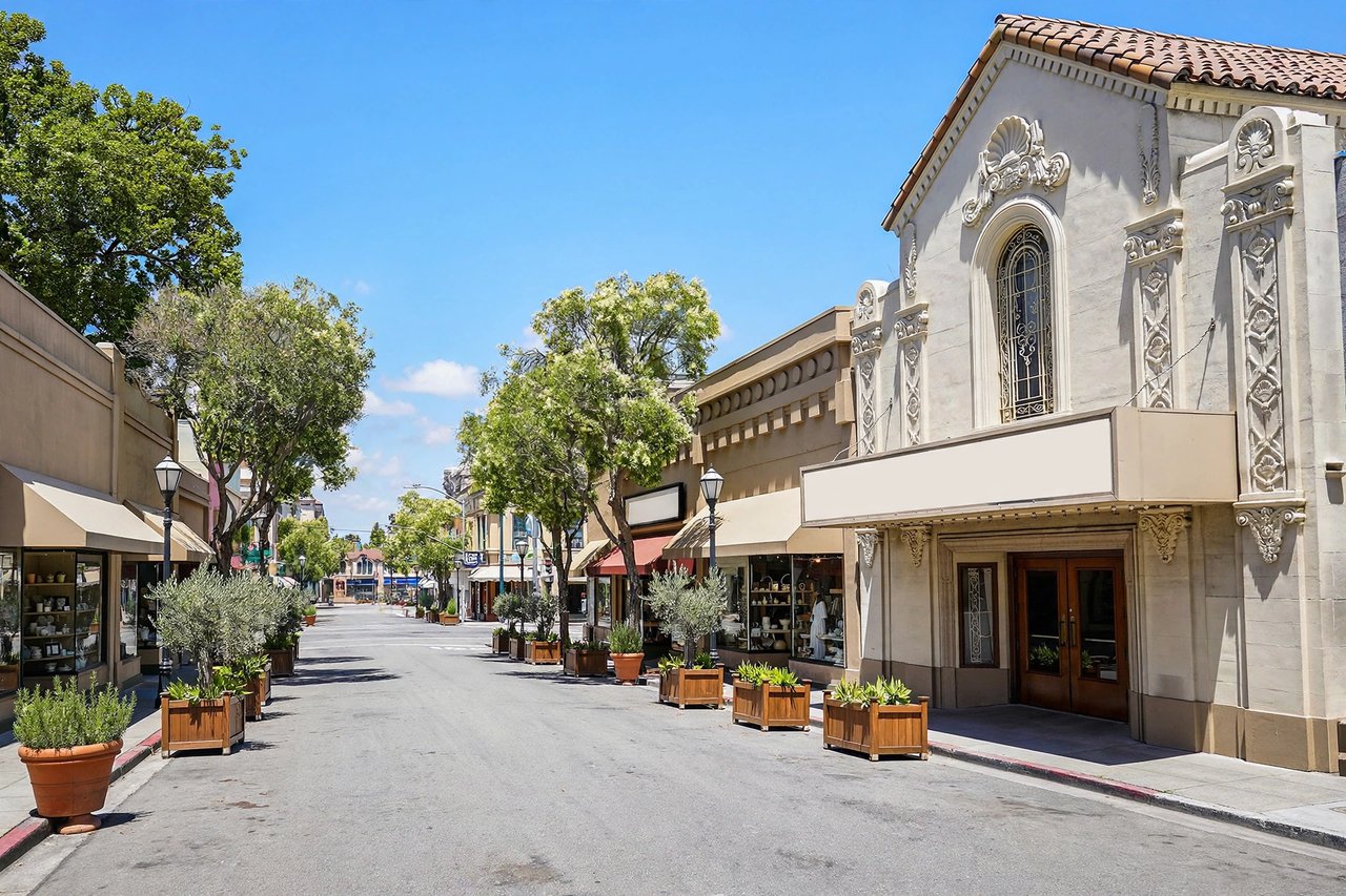 Downtown San Mateo streetscape with historic theater, California