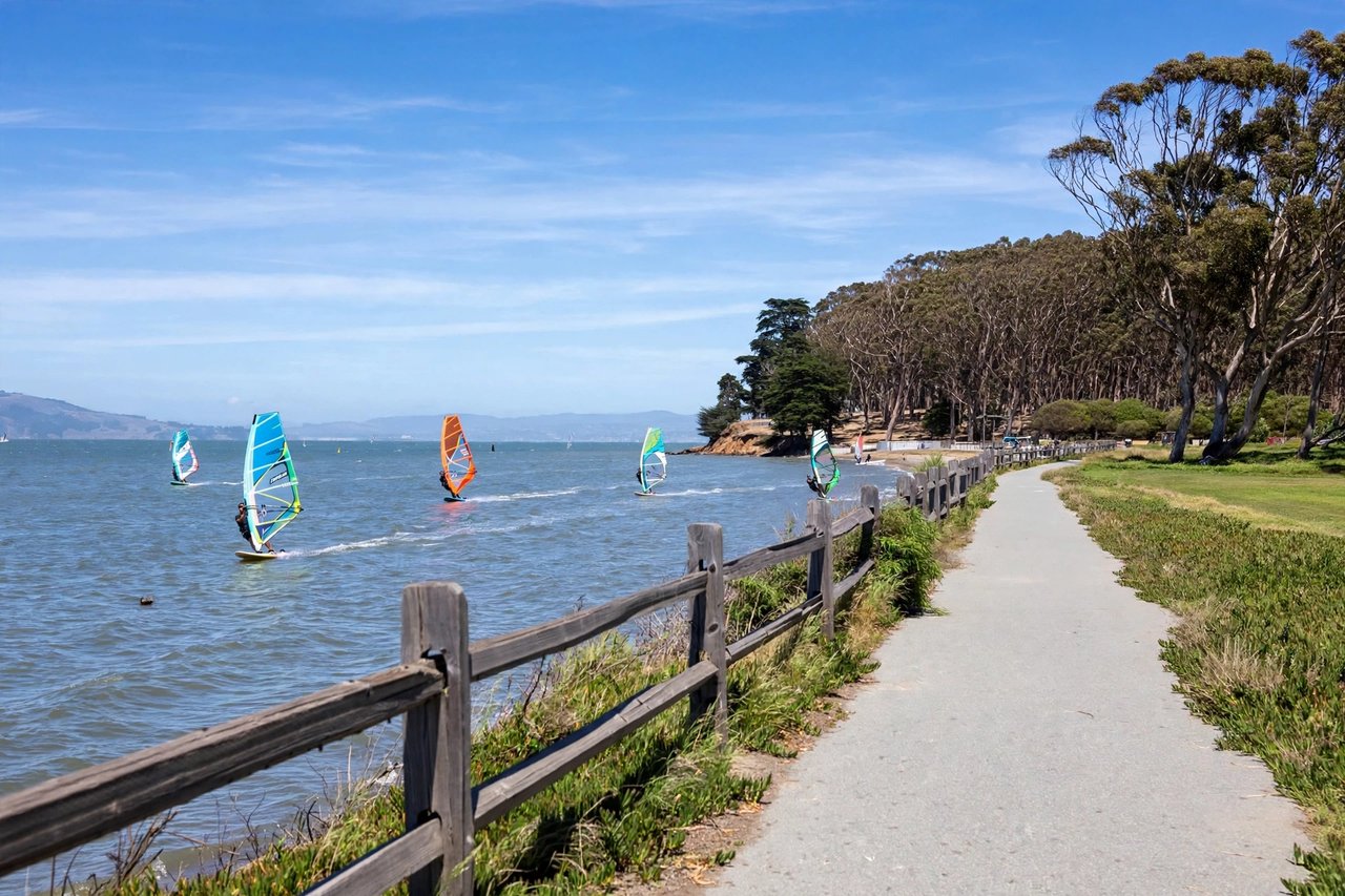 Coyote Point shoreline trail with windsurfers, San Mateo California
