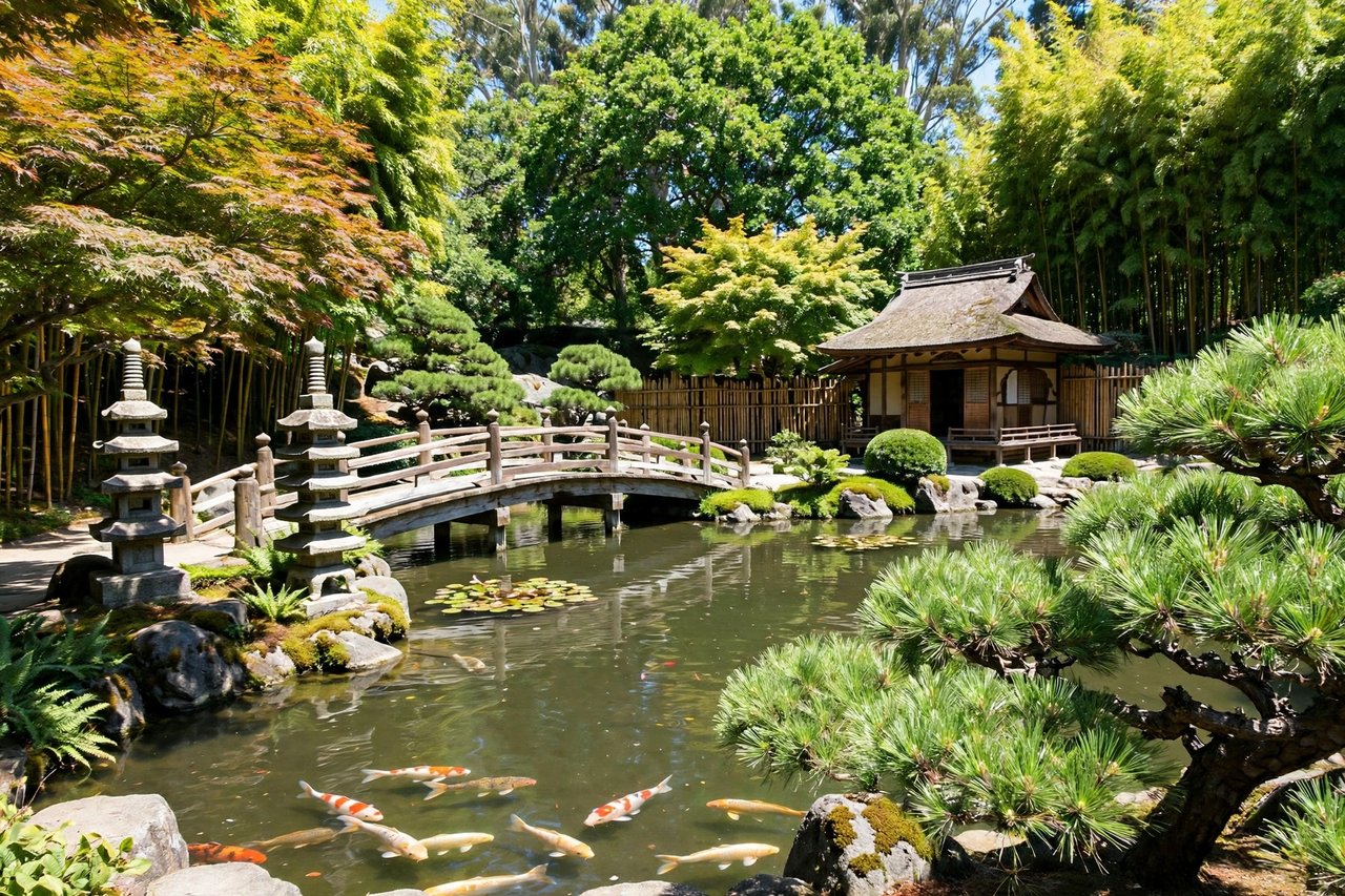 Central Park Japanese Garden with koi pond, San Mateo California