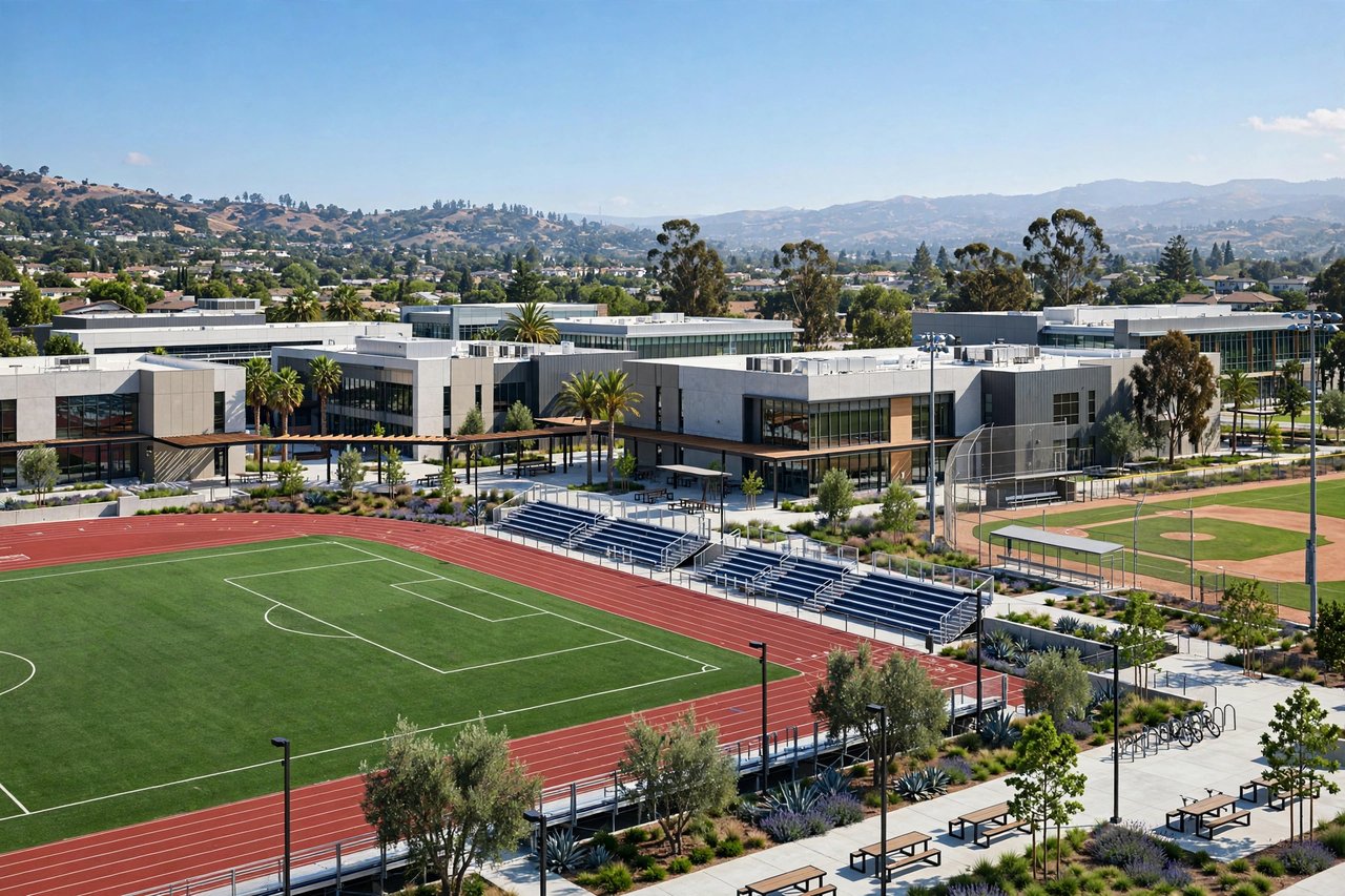 Santa Clara High School campus with sports fields, California