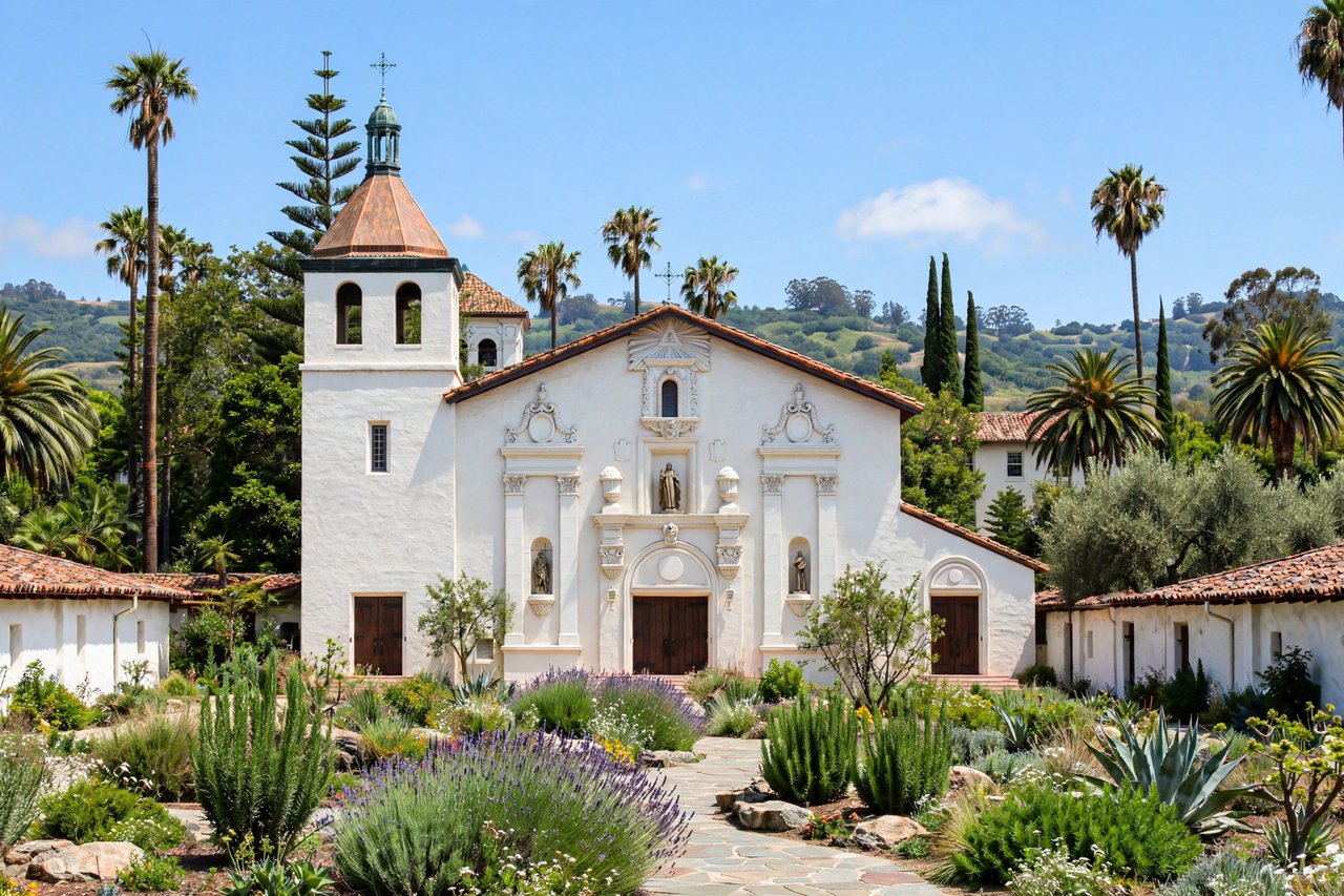 Mission Santa Clara de Asis with palm trees, California