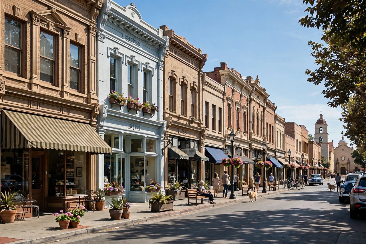 Historic downtown street with shops, Santa Clara California