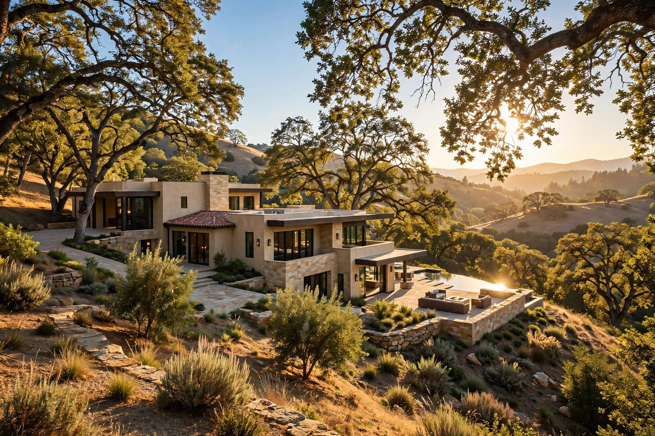 Luxury hillside estate among oak trees, Saratoga California