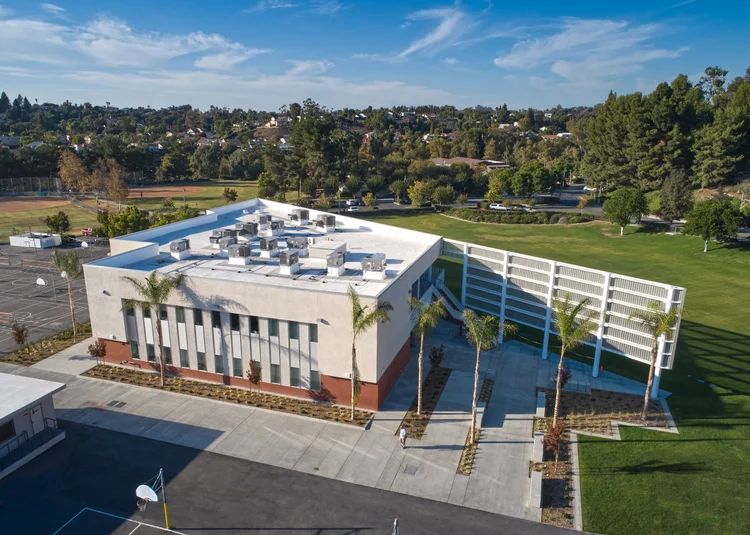 Aerial view of a school campus near Stierlin Estates