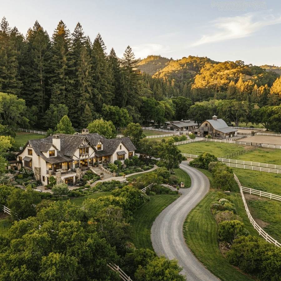 Representative Woodside Hills ranch estate at dusk with white-fenced pastures